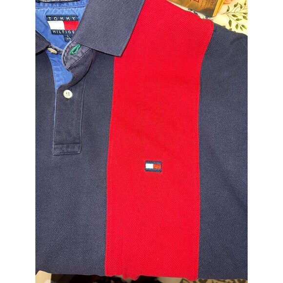Tommy Hilfiger Mens LARGE Polo Shirt 2-button Front Red and Blue Short Sleeve - Picture 5 of 6